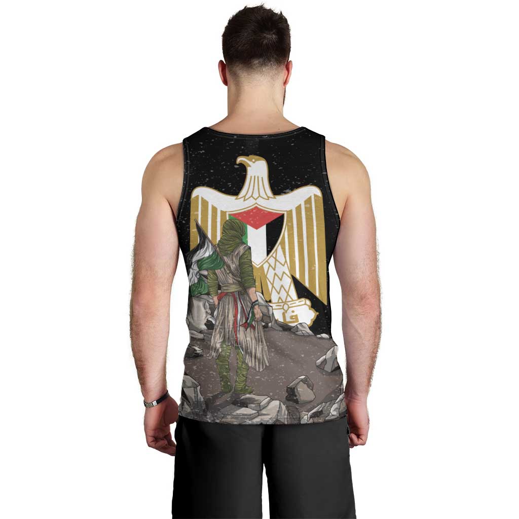 Black men’s tank top with eagle crest graphic and illustrated scene on back