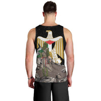 Black men’s tank top with eagle crest graphic and illustrated scene on back