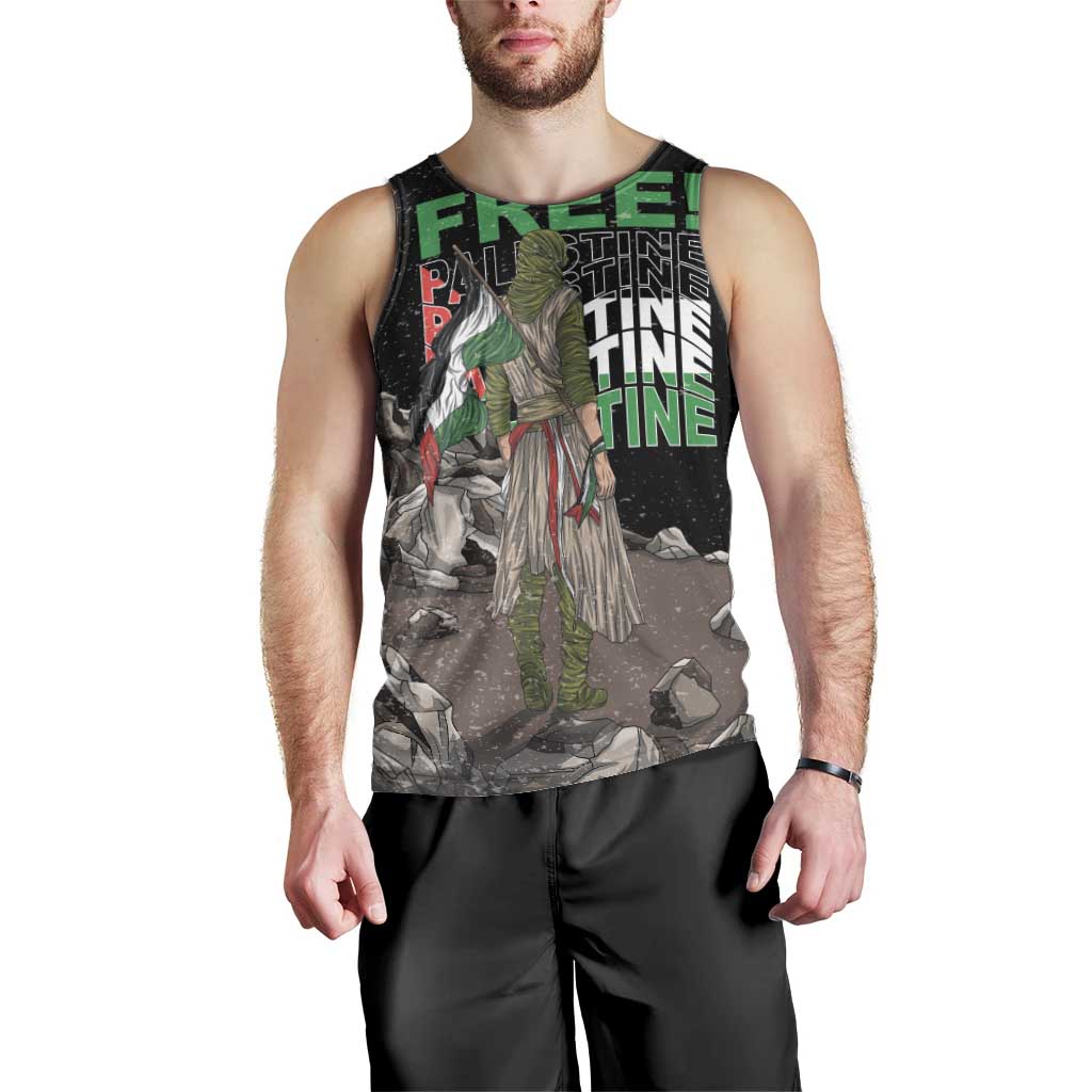 Black men’s tank top with multicolor “FREE” text and illustrated figures on front