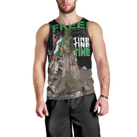 Black men’s tank top with multicolor “FREE” text and illustrated figures on front