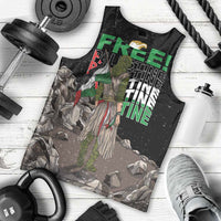 Black sleeveless tank top with multicolor “FREE” text and illustrated front print