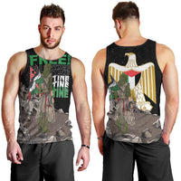 Black men’s tank top, front and back, with “FREE” text and eagle crest graphics