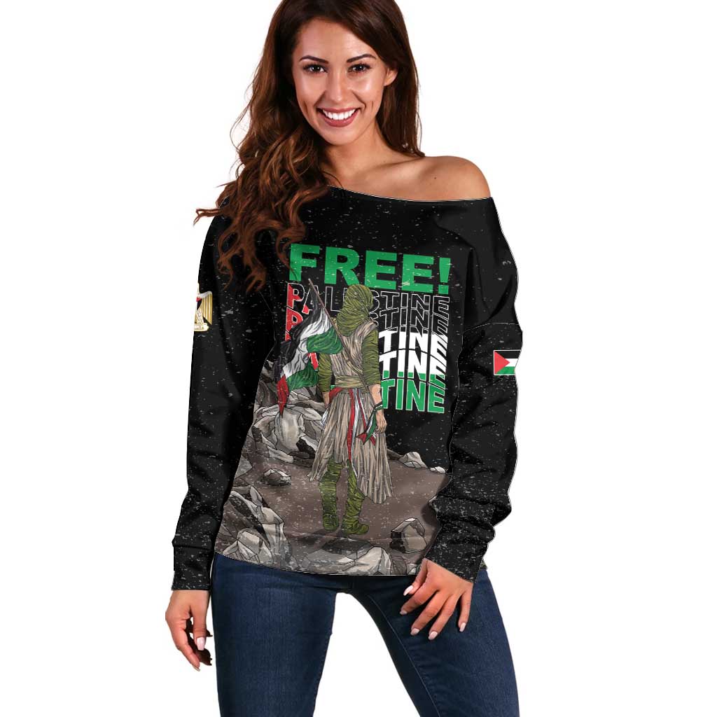 Black off-shoulder sweater with 'FREE' graphic and long sleeves, front view