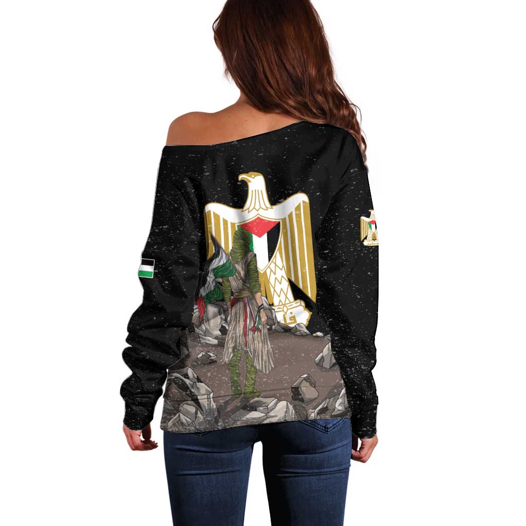 Black off-shoulder sweater with back eagle emblem graphic, long sleeves