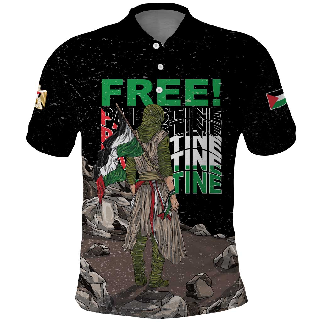 Black polo shirt with bold front graphic and green/red text accents
