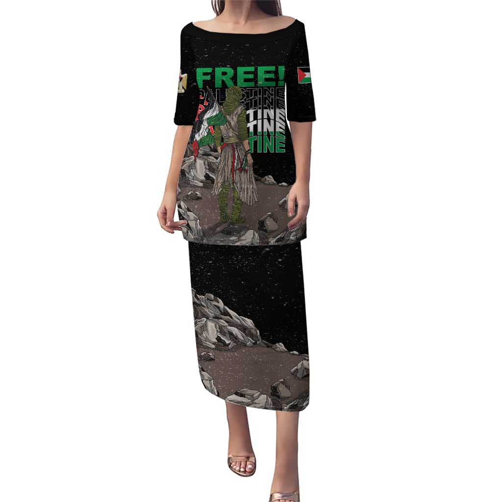 Black long T-shirt dress with short sleeves; front graphic eagle and protest text