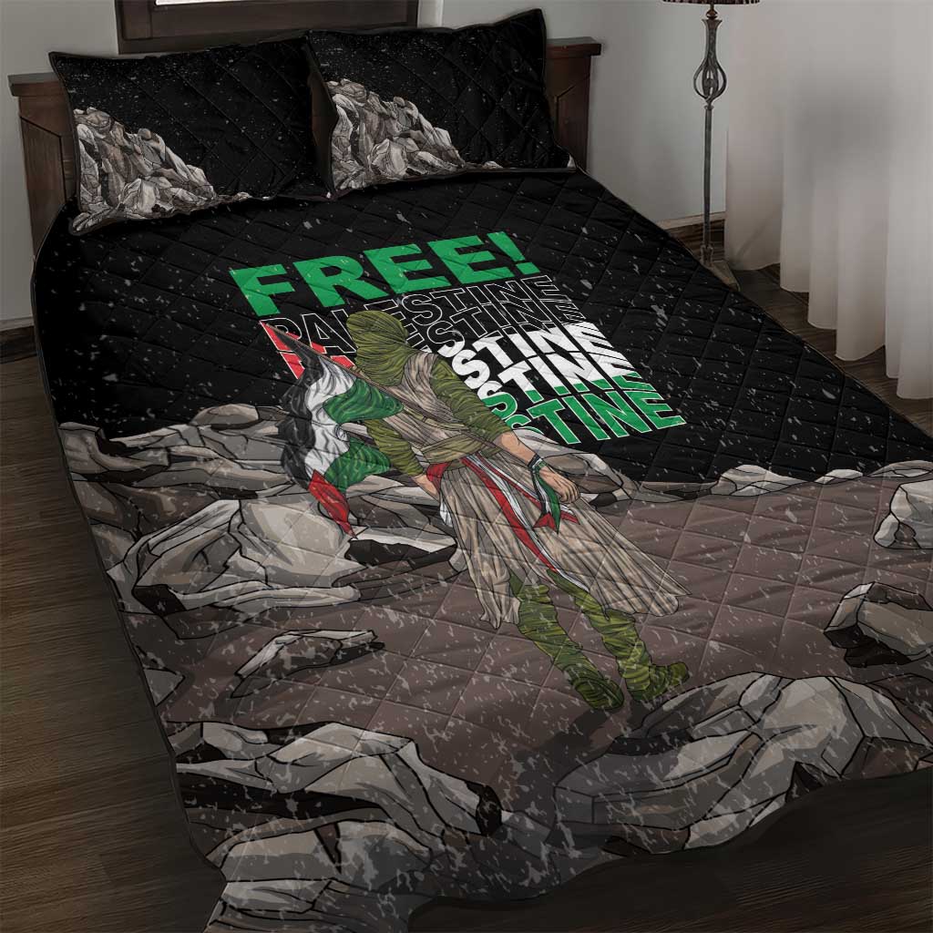 Black quilt bed set with quilted texture, eagle graphic, and “FREE! Palestine” text