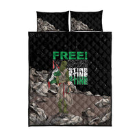 Black quilt bed set with quilted pattern, eagle artwork, and “FREE! Palestine” on duvet