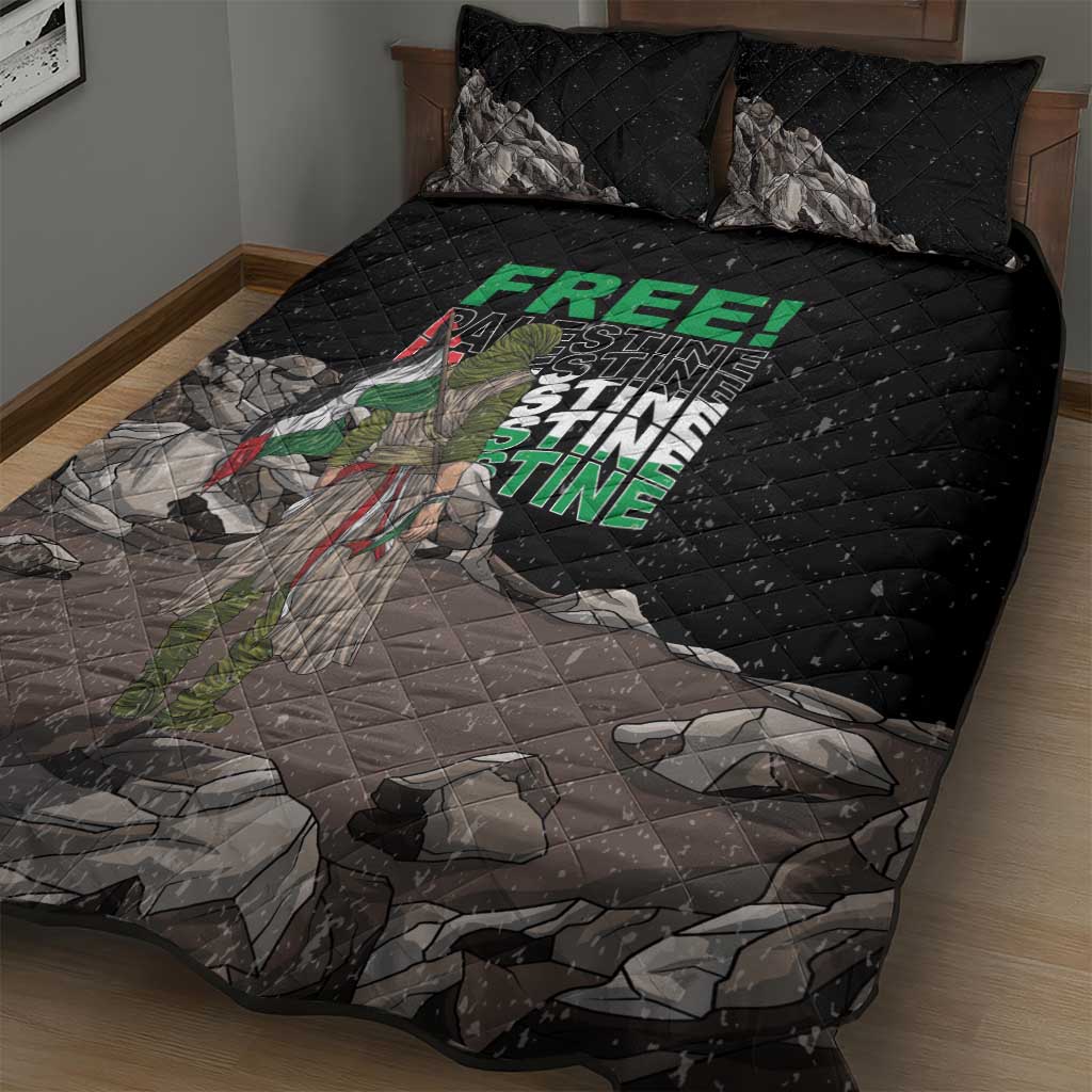 Black quilt bed set with quilted texture, eagle graphic, and “FREE! Palestine” bedding