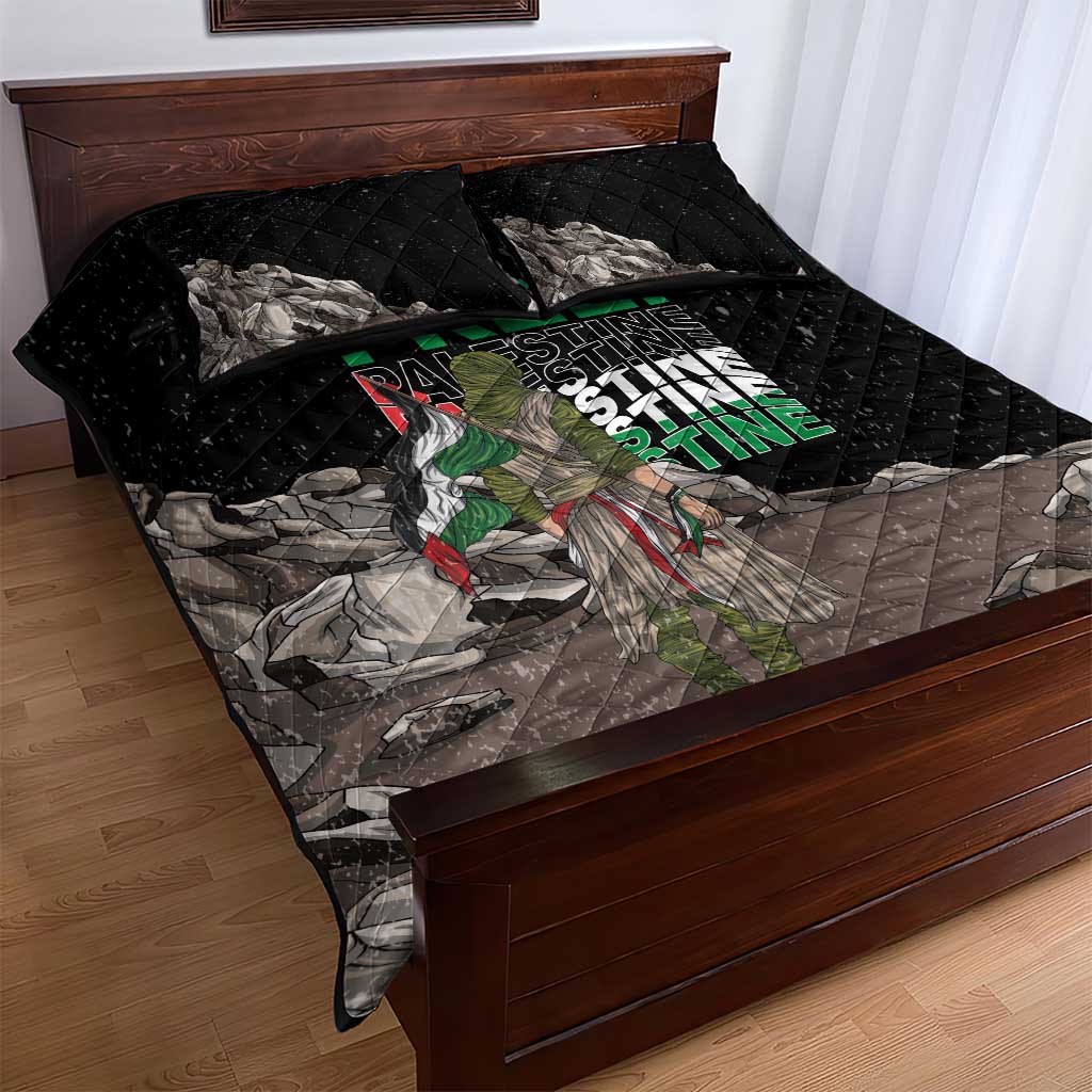 Black quilt bed set with quilted texture, eagle design, and “FREE! Palestine” lettering