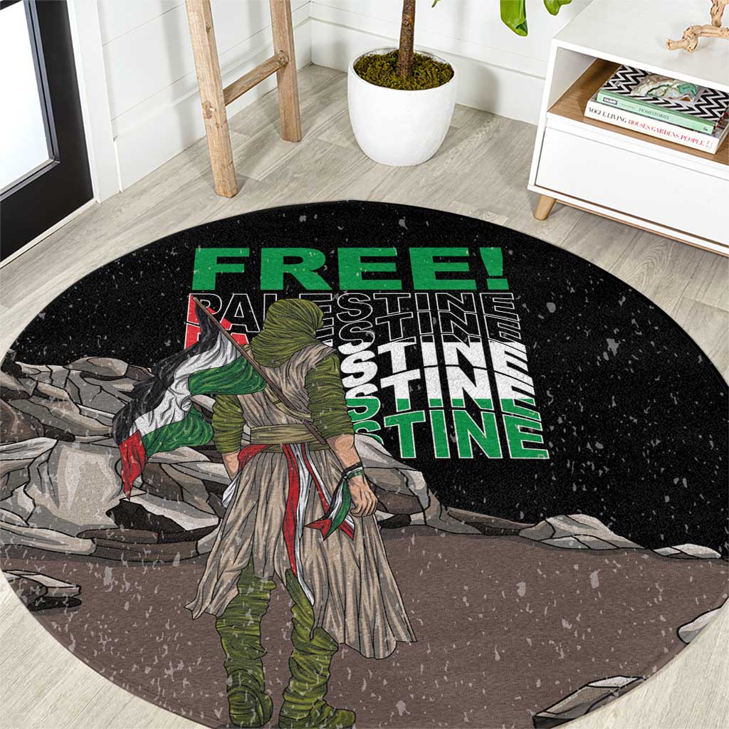 Black round carpet with green 'FREE PALESTINE' text and warrior illustration