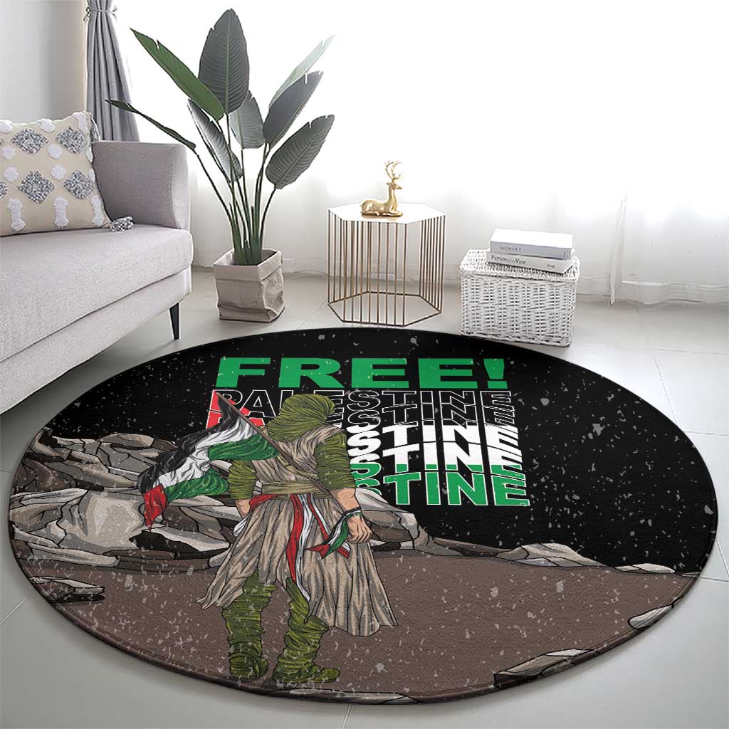 Black round carpet with central warrior illustration and green 'FREE PALESTINE' text
