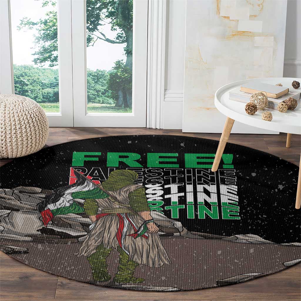 Black round carpet with green 'FREE PALESTINE' text and warrior scene illustration