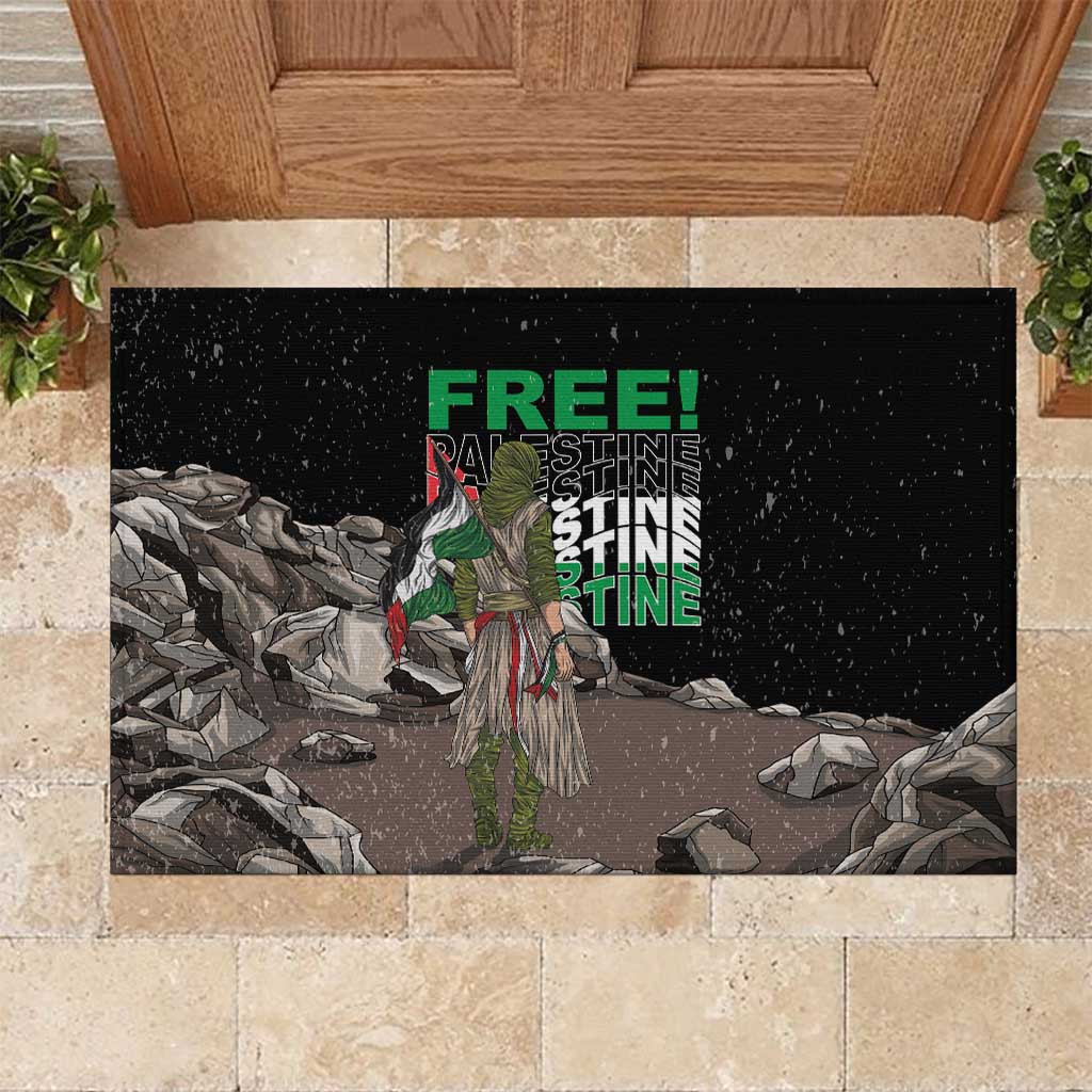 Black rubber doormat with eagle graphic and “FREE” “PALESTINE” text, stone landscape
