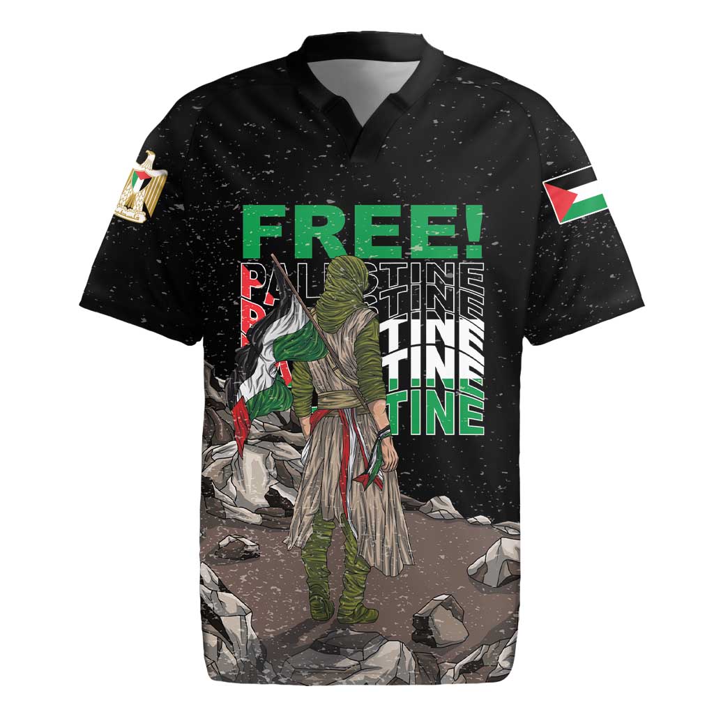 Black rugby jersey with eagle graphic, front “FREE!” text and illustrated warrior