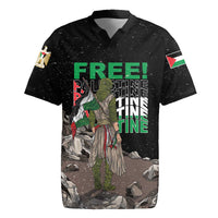 Black rugby jersey with eagle graphic, front “FREE!” text and illustrated warrior
