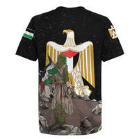 Black rugby jersey back with gold eagle crest and illustrated warrior scene