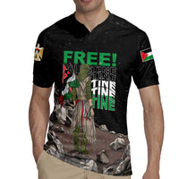Black rugby jersey on model front, “FREE!” text with illustrated warrior and stones