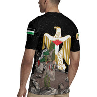 Black rugby jersey on model back, gold eagle crest with warrior artwork
