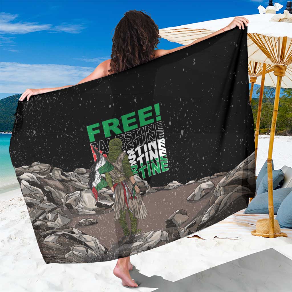 Black sarong with FREE! text and eagle graphic over gray stone scene