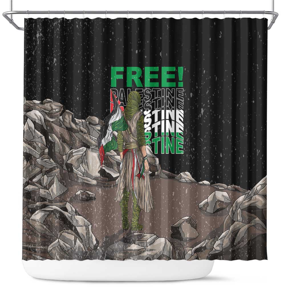 Black shower curtain with green “FREE!” text, figure in green armor, rubble scene