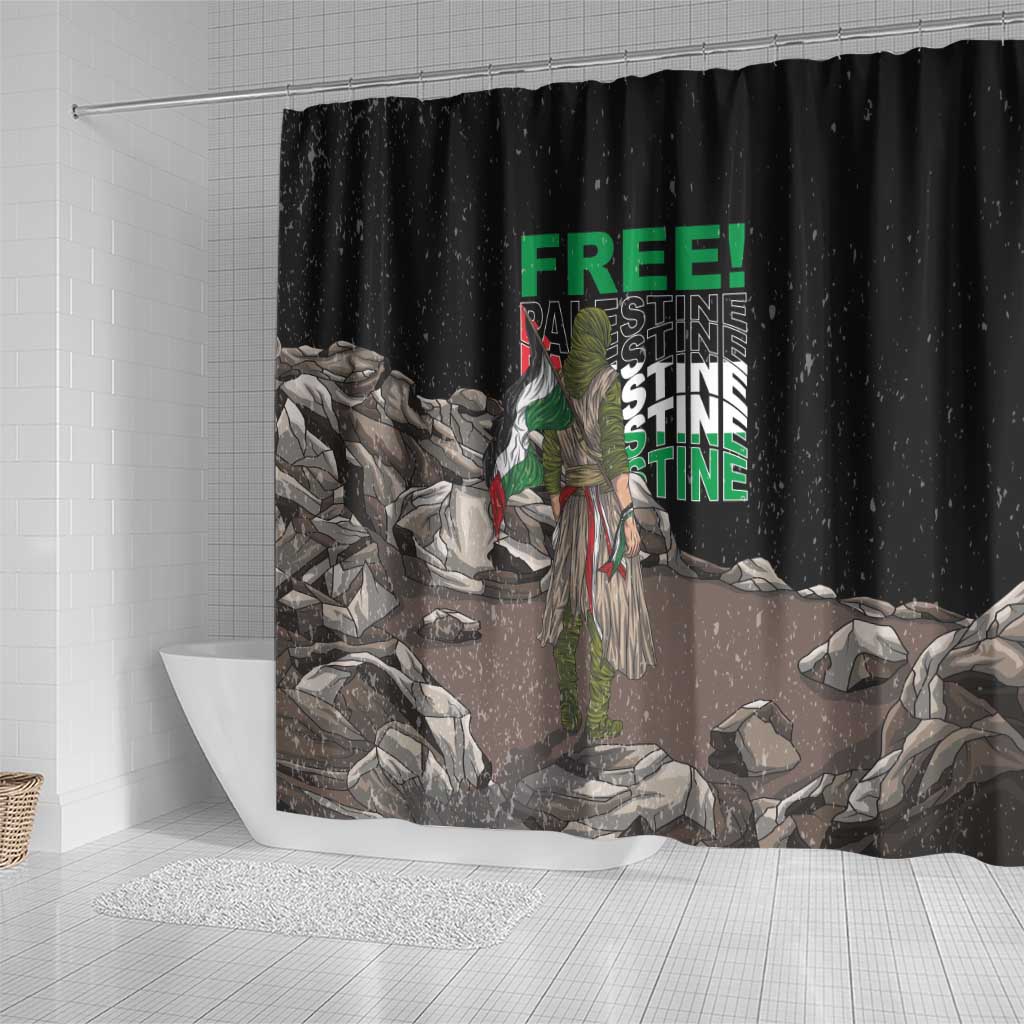 Black shower curtain with green “FREE!” text, figure with flag colors, rubble artwork