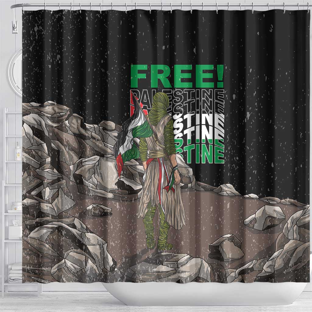 Black shower curtain with green “FREE!” headline, standing figure, gray rubble rocks print