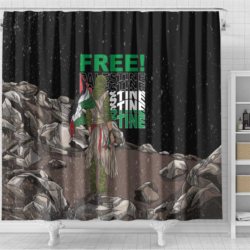 Black shower curtain with “FREE!” headline, green-and-white figure, scattered rubble design