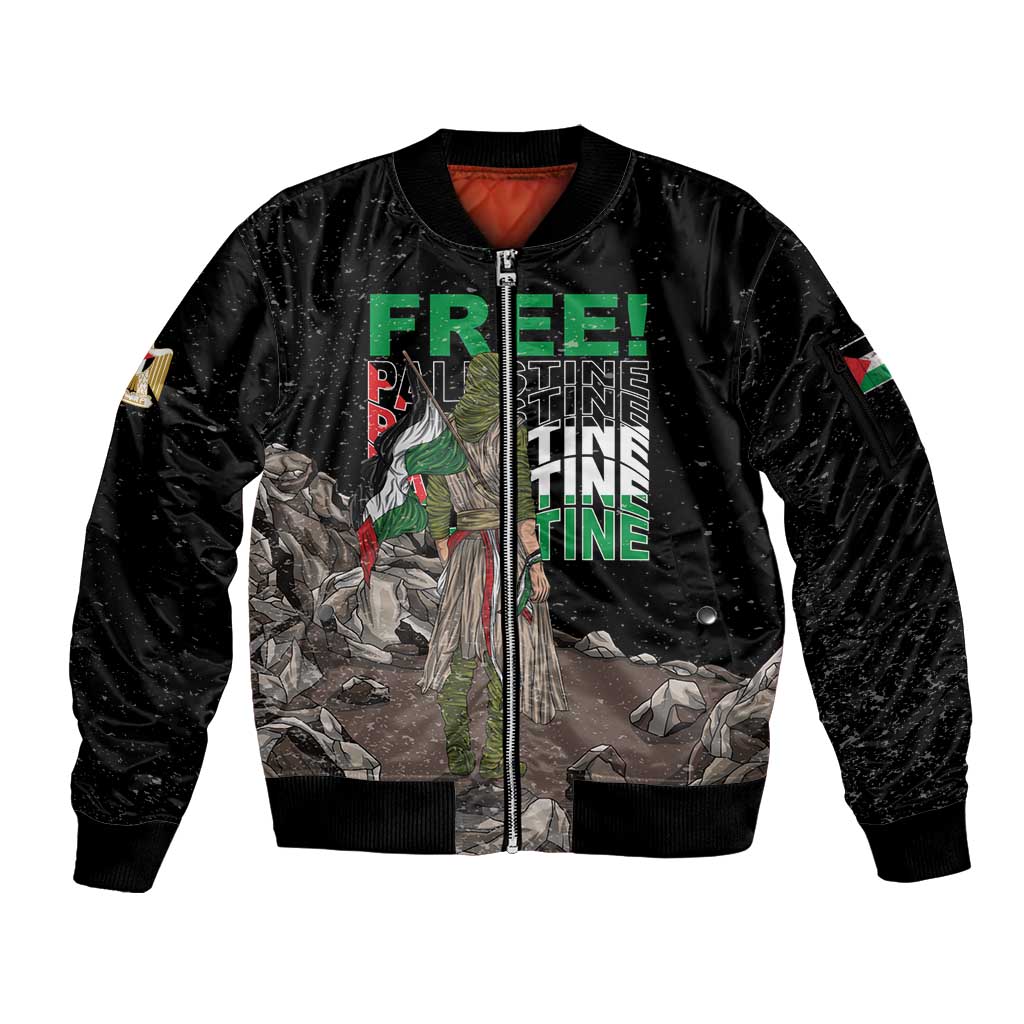 Black zip-up bomber jacket with front graphic scene and multicolor text, ribbed cuffs