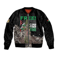 Black zip-up bomber jacket with front graphic scene and multicolor text, ribbed cuffs
