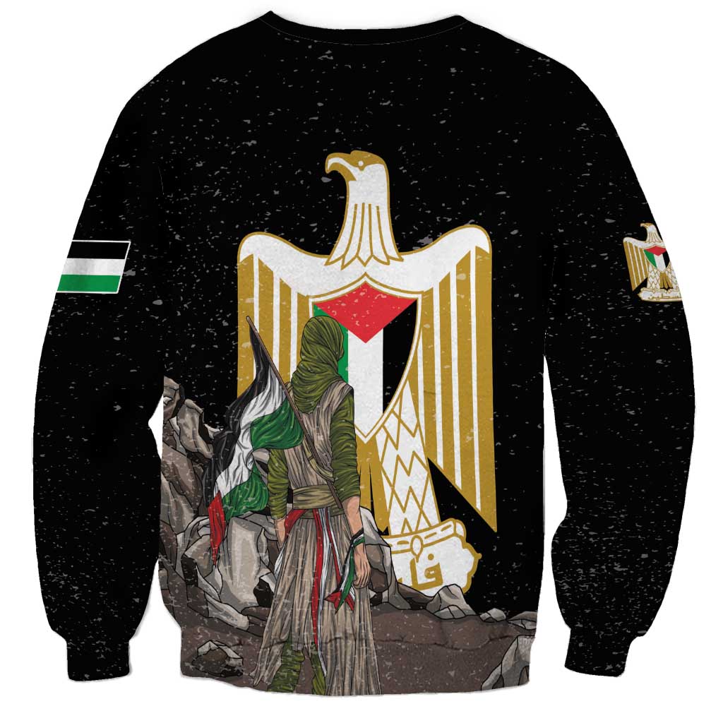 Unisex black sweatshirt with large gold eagle emblem and front figure graphic