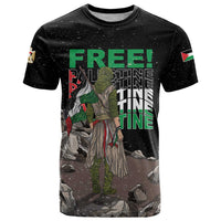 Black graphic T-shirt with 'FREE!' and 'PALESTINE' text, warrior eagle scene