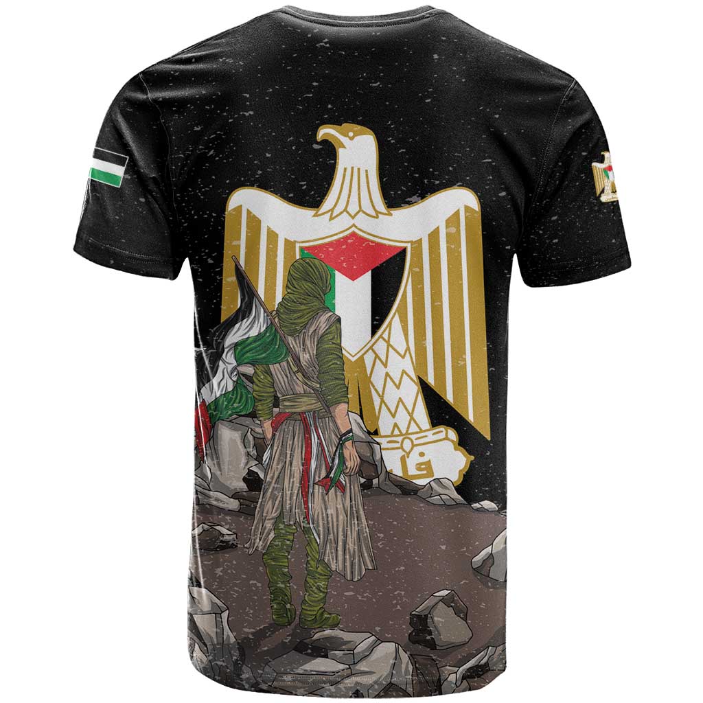 Black T-shirt back with large eagle crest and Palestinian flag-style accents