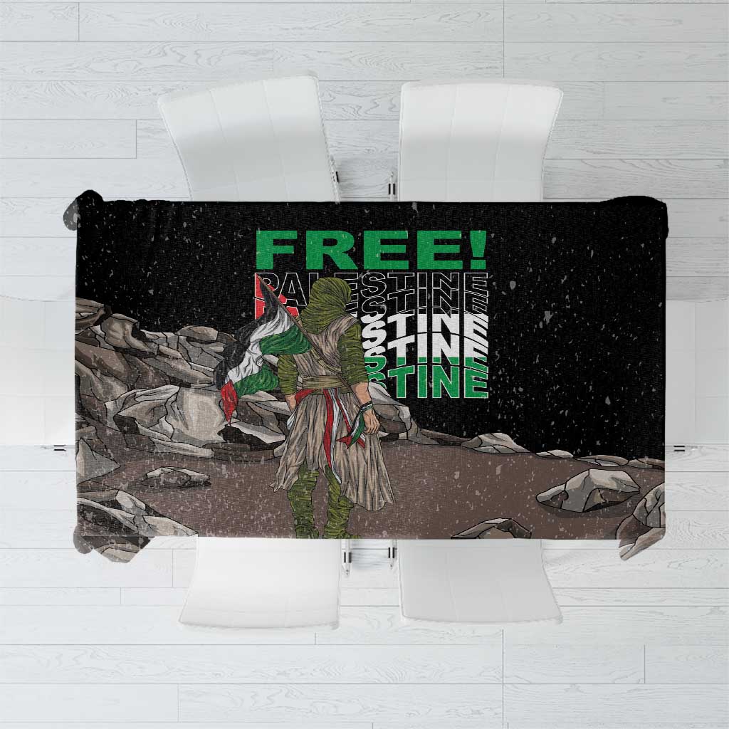 Black tablecloth with eagle graphic and multicolor 'FREE!' text design
