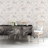 Black tablecloth with eagle graphic and gray landscape pattern
