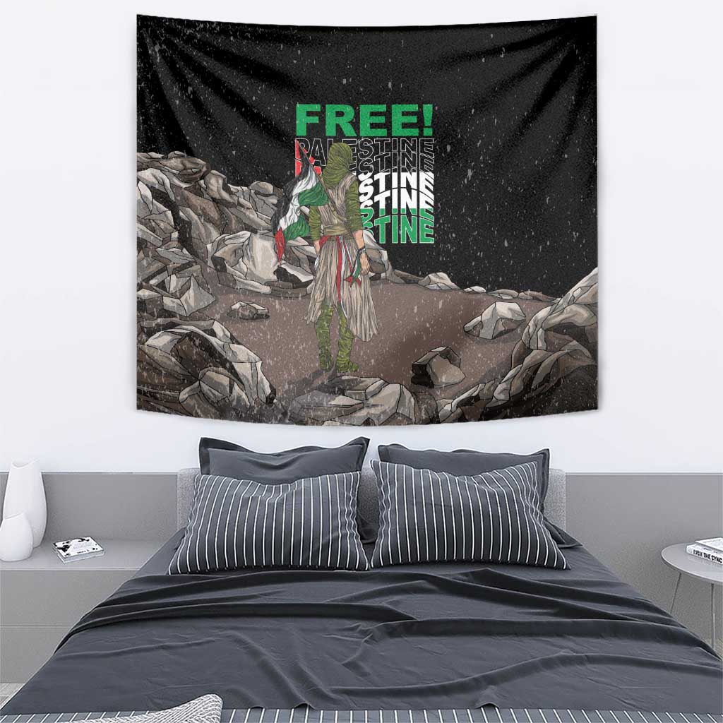 Black tapestry wall hanging featuring green “FREE!” text, standing figure, and rocky landscape