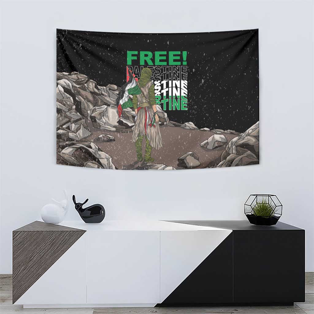 Black tapestry wall hanging with green “FREE!” lettering, armored figure, and stone rubble scene