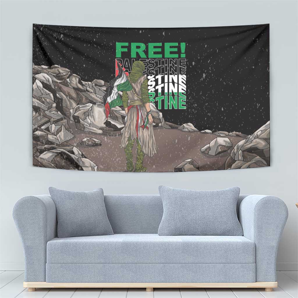 Black tapestry wall hanging showing green “FREE!” text, standing figure, and gray rock background