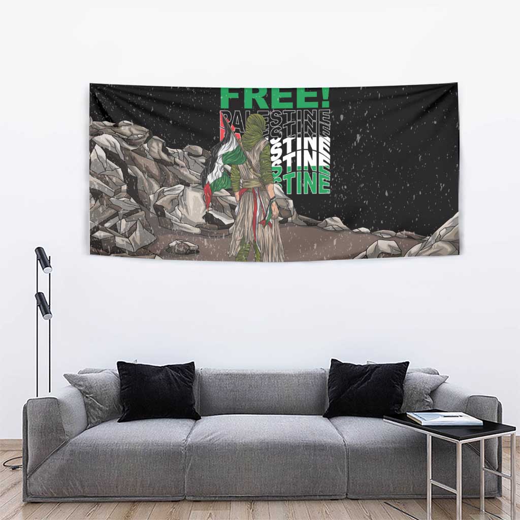 Black tapestry wall hanging with green “FREE!” text, central character, and detailed rocks graphic