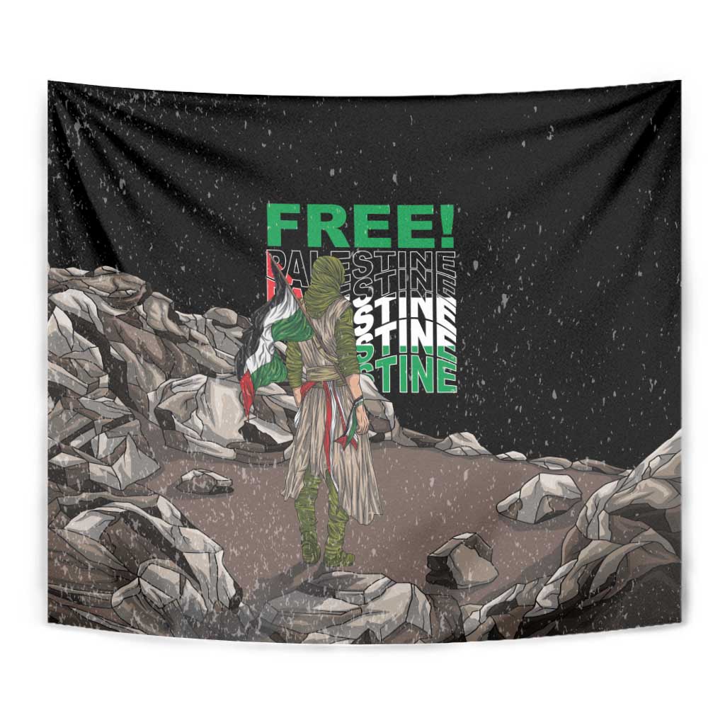 Black tapestry wall hanging, close-up graphic with green “FREE!” text, figure, and rubble rocks