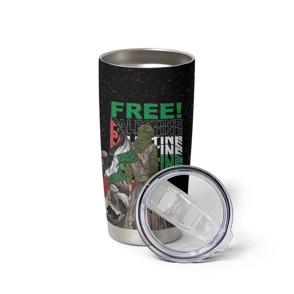 Black stainless steel tumbler cup with lid open, showing FREE! Palestine eagle graphic.