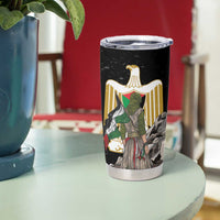 Black stainless steel tumbler on table with FREE! Palestine eagle design.