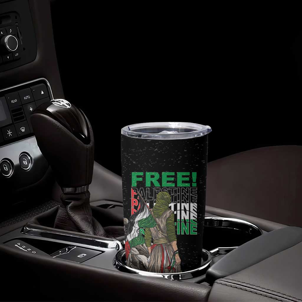 Black stainless steel tumbler in car cup holder, with FREE! Palestine eagle graphic.