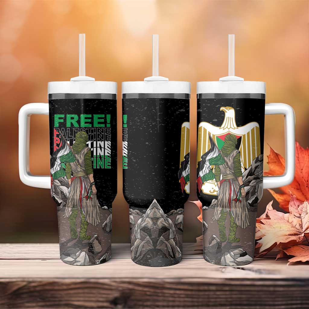 Three black tumblers with handles and straw lids, eagle and Free! designs