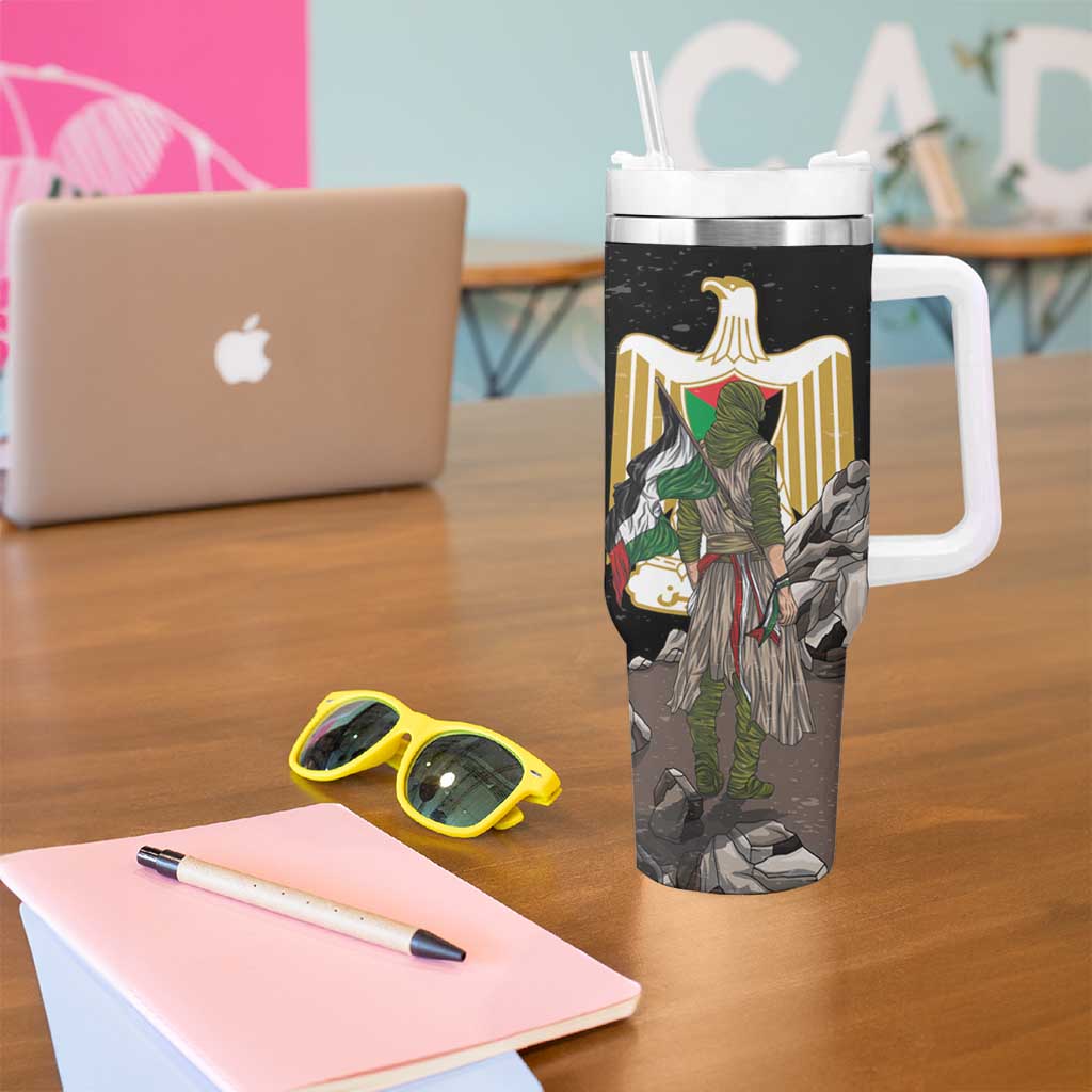 Black tumbler with handle and straw lid, eagle of Saladin artwork