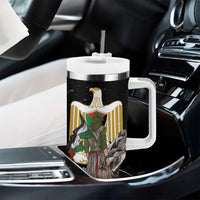 Black handle tumbler with straw lid, eagle of Saladin graphic on front