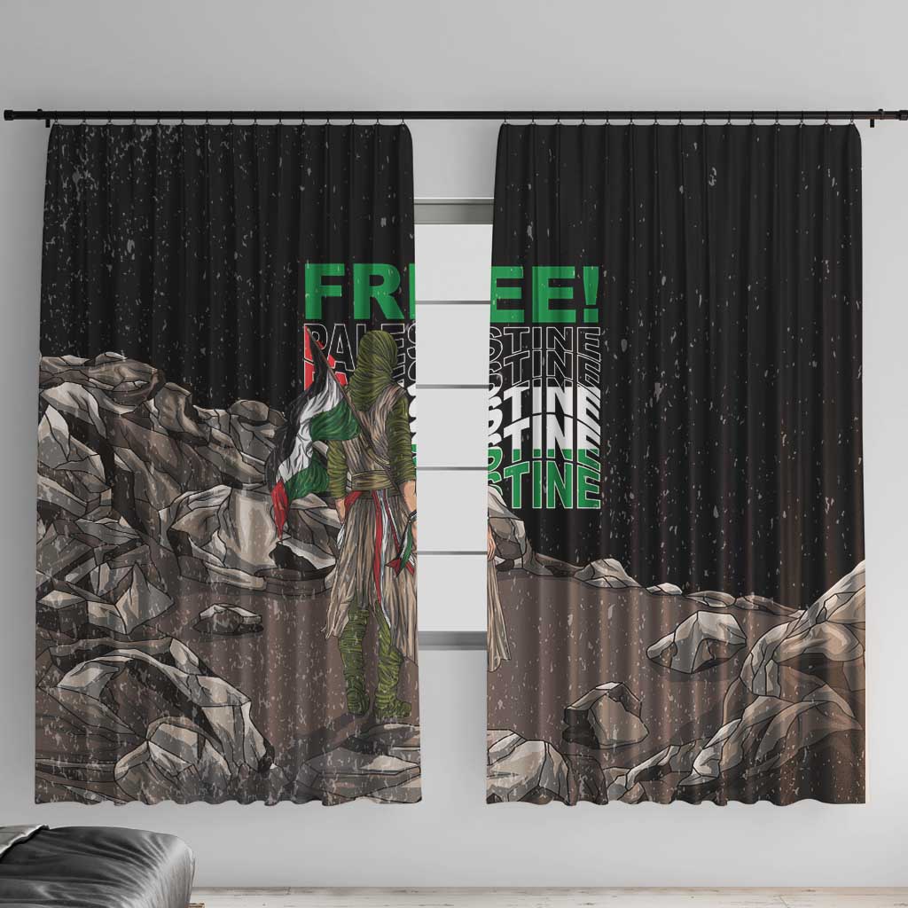 Black window curtain set with Palestinian eagle figure and “FREE!” green text