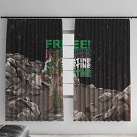 Black window curtain set with Palestinian eagle figure and “FREE!” green text