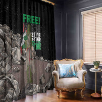 Black window curtain with eagle graphic, rocks, and “FREE!” green text panel