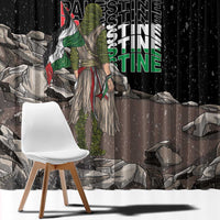 Black window curtain panel with standing eagle and vertical “FREE!” green text